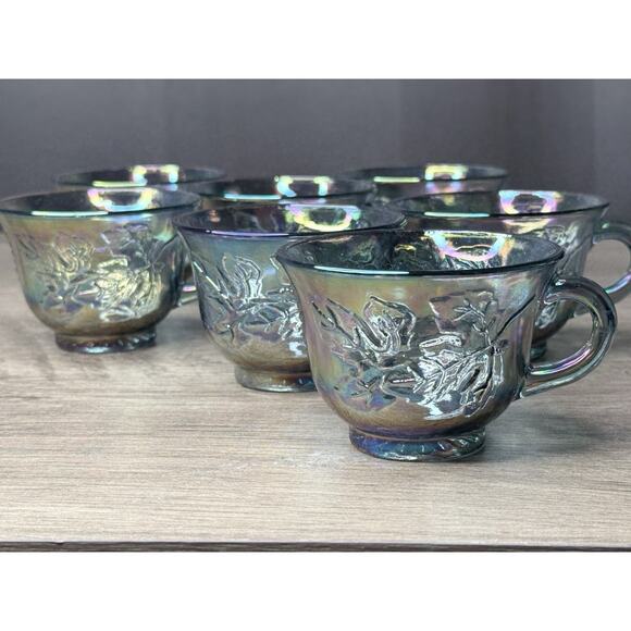 Set of 7 Vintage Indiana Carnival Glass Punch Cup Iridescent Blue Harvest Grape - Picture 3 of 6